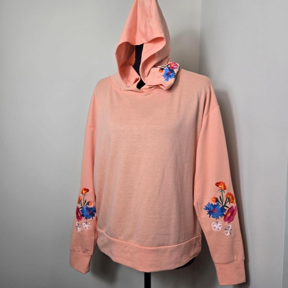 Crave Fame Hoodie Women Small Peach Floral Embroidered Pullover (T7)